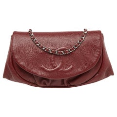 Chanel Red Quilted Caviar Leather Half Moon Wallet On Chain
