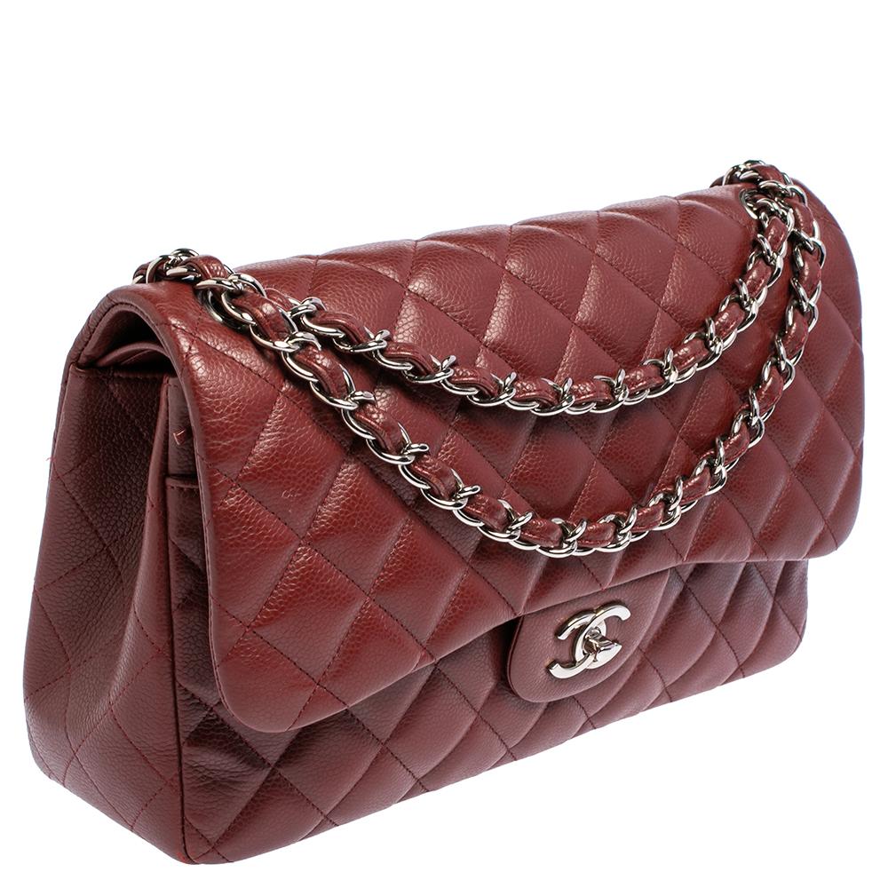 Chanel Red Quilted Caviar Leather Jumbo Classic Double Flap Bag In Good Condition In Dubai, Al Qouz 2