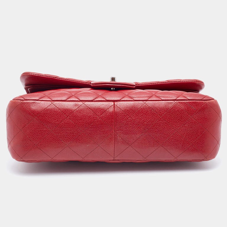 Chanel Red Quilted Caviar Leather Jumbo Classic Double Flap Bag For