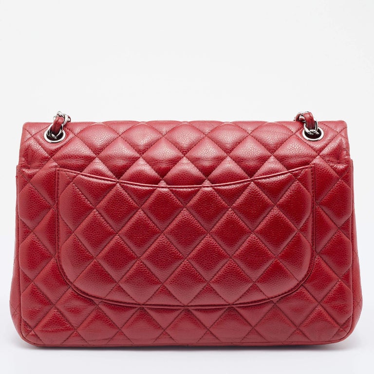 Chanel Red Quilted Caviar Leather Jumbo Classic Double Flap Bag For