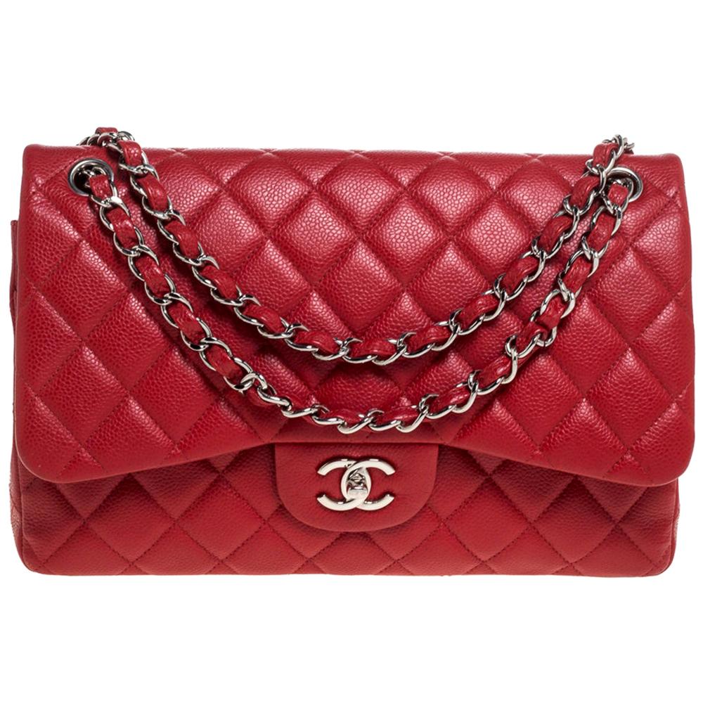 Chanel Red Quilted Caviar Leather Jumbo Classic Double Flap Bag