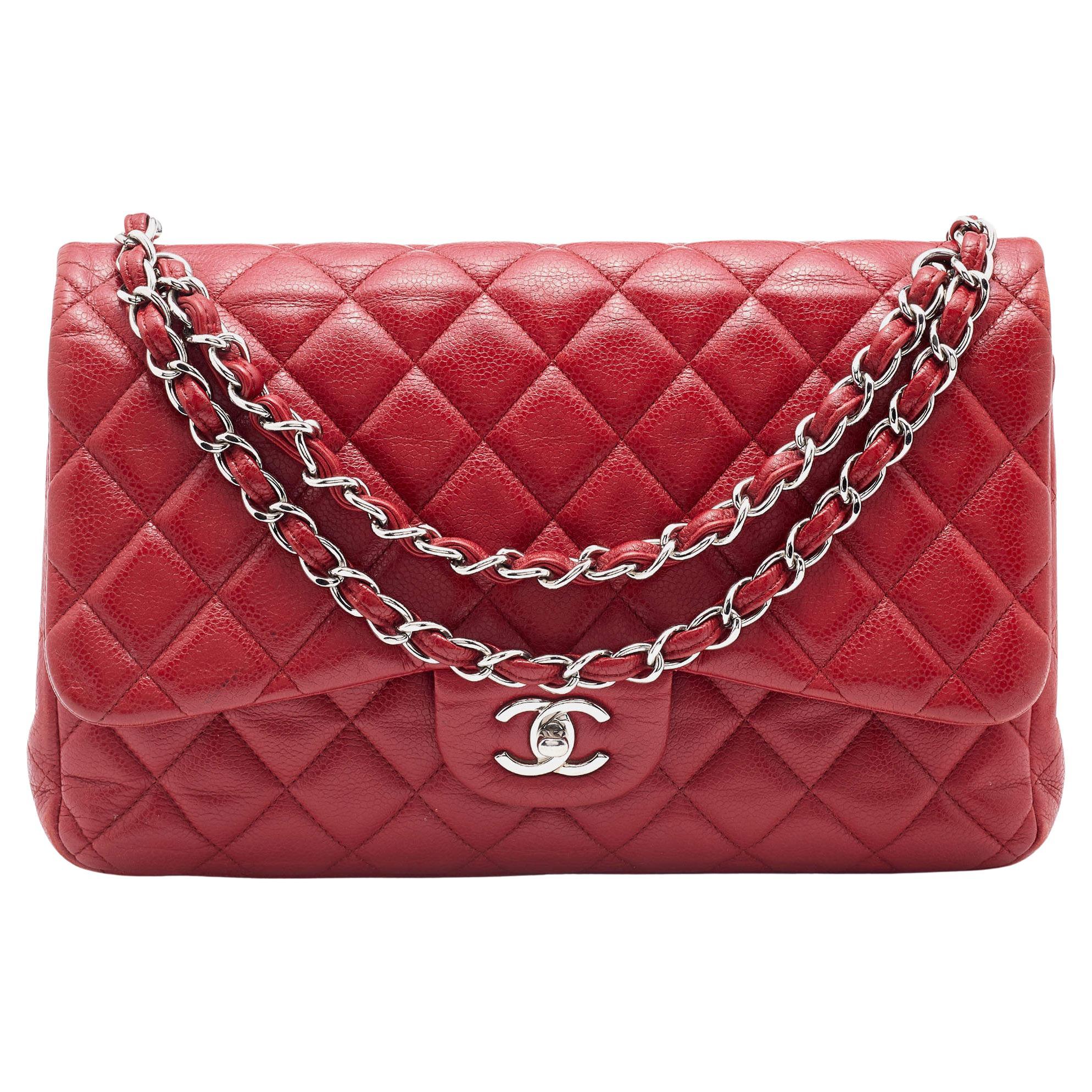 Chanel Red Quilted Caviar Leather Jumbo Classic Double Flap Bag at 1stDibs
