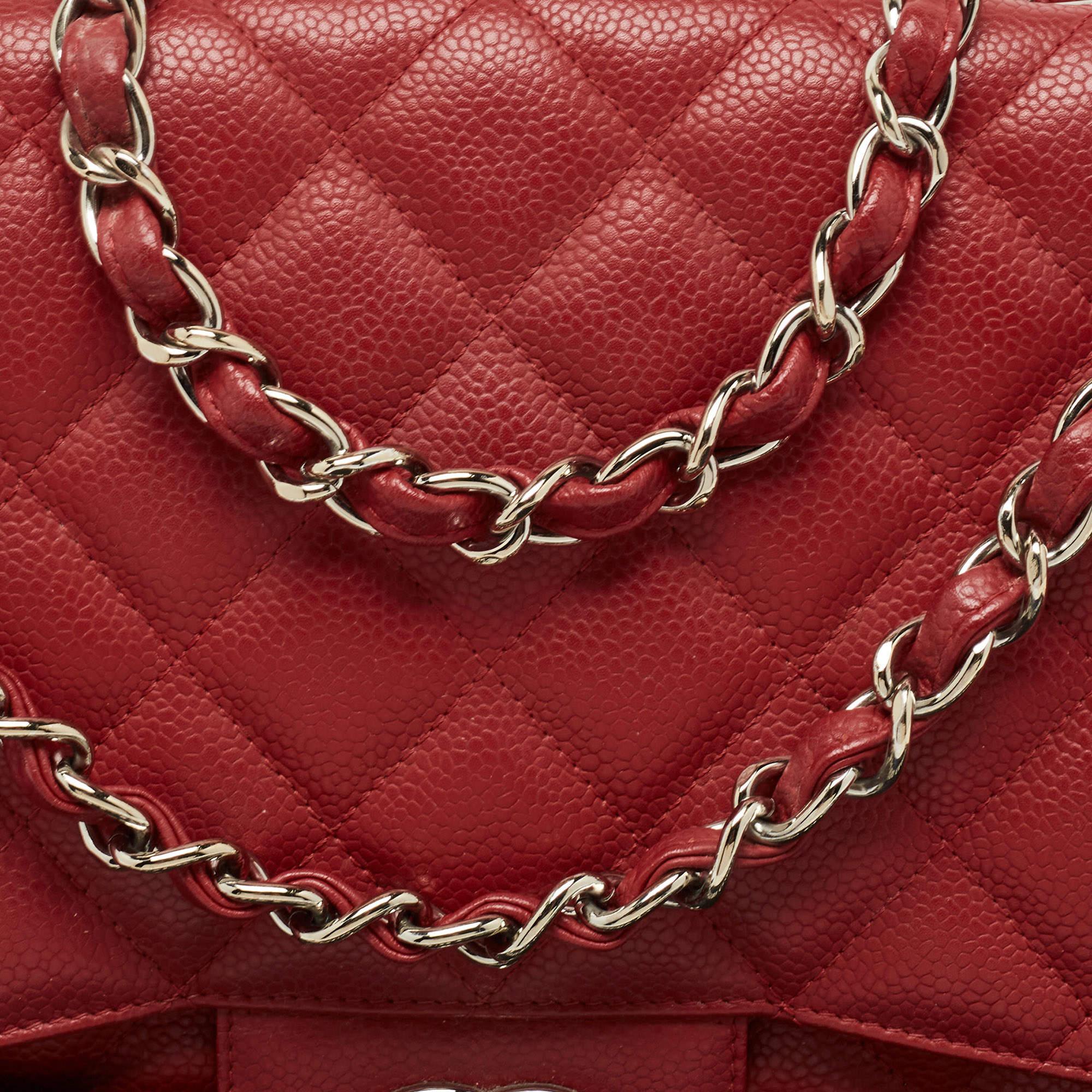 Chanel Red Quilted Caviar Leather Jumbo Classic Single Flap Bag For Sale 7