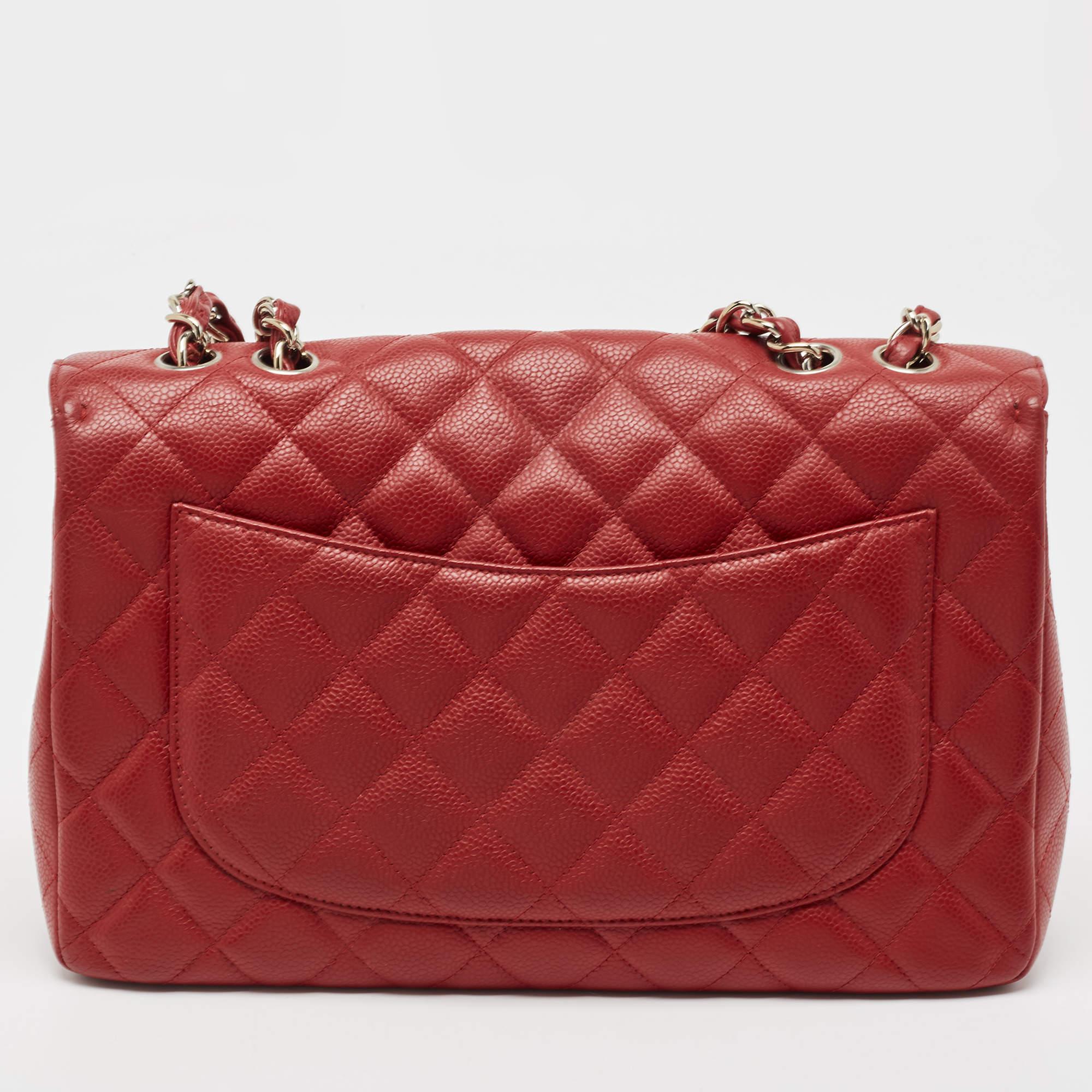 Chanel Red Quilted Caviar Leather Jumbo Classic Single Flap Bag For Sale 8