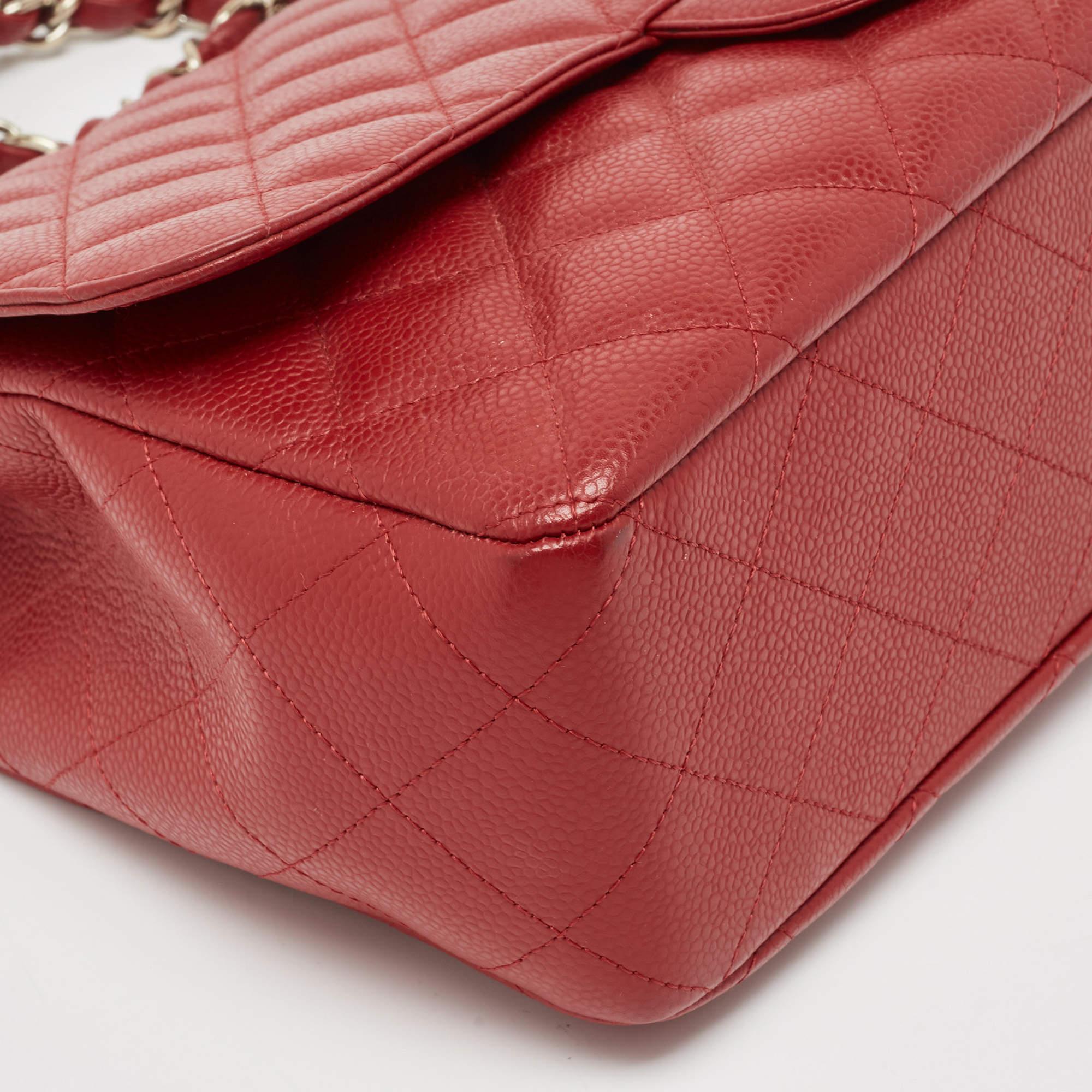 Chanel Red Quilted Caviar Leather Jumbo Classic Single Flap Bag For Sale 10