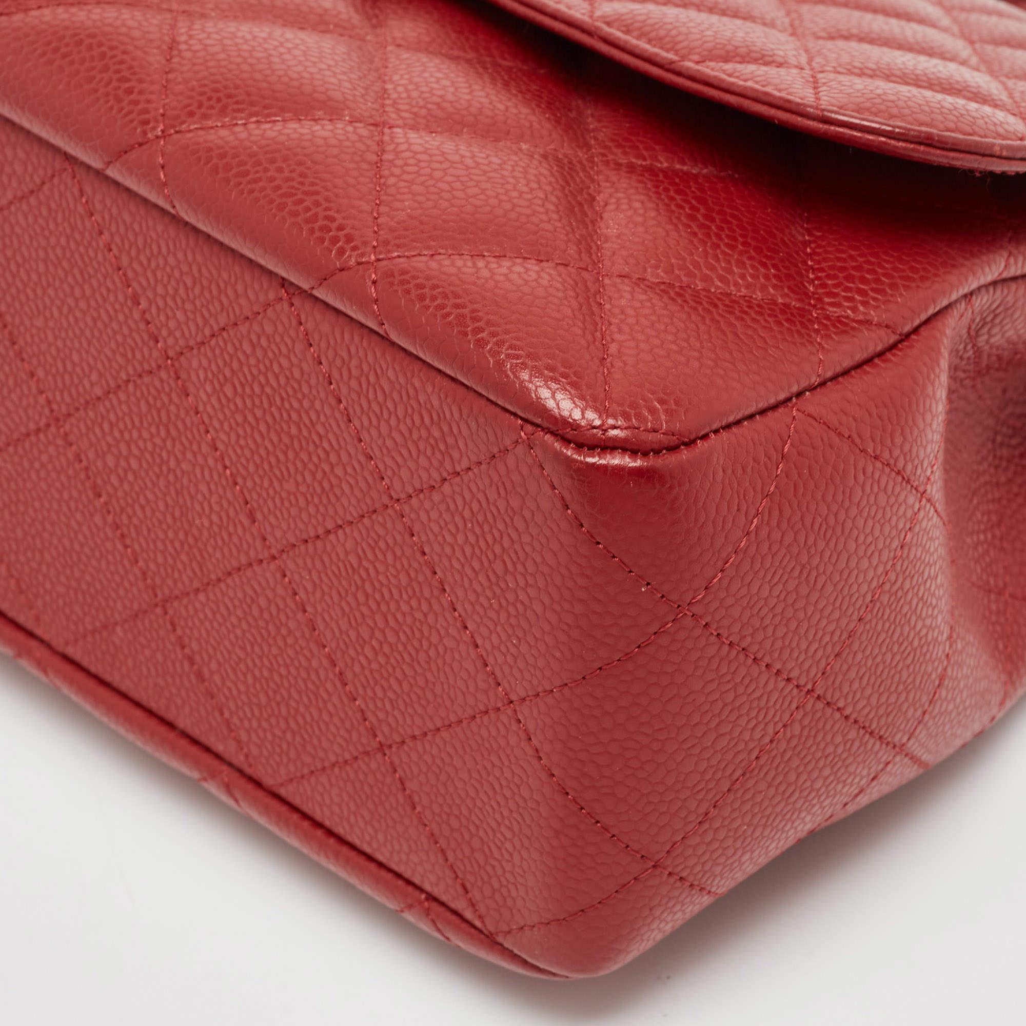 Chanel Red Quilted Caviar Leather Jumbo Classic Single Flap Bag For Sale 11