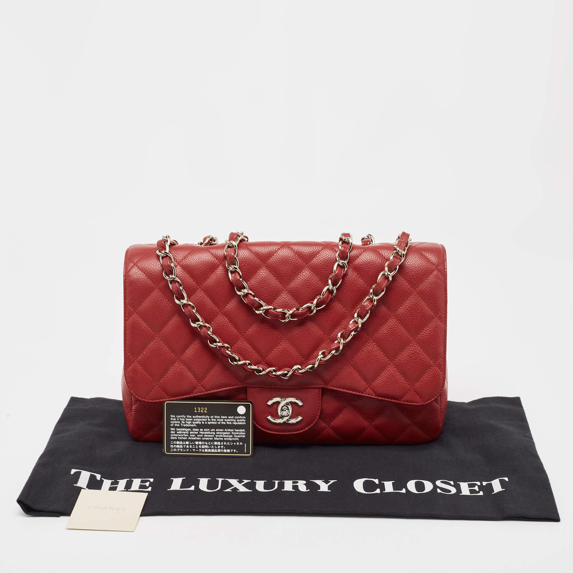 Chanel Red Quilted Caviar Leather Jumbo Classic Single Flap Bag For Sale 12