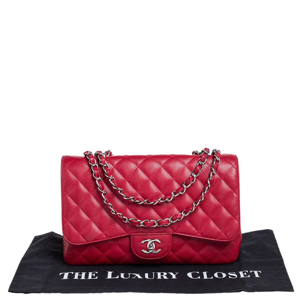 Chanel Red Quilted Caviar Leather Jumbo Classic Single Flap Bag In Good Condition In Dubai, Al Qouz 2