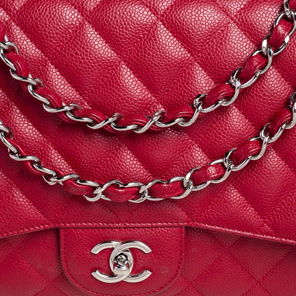 Women's Chanel Red Quilted Caviar Leather Jumbo Classic Single Flap Bag