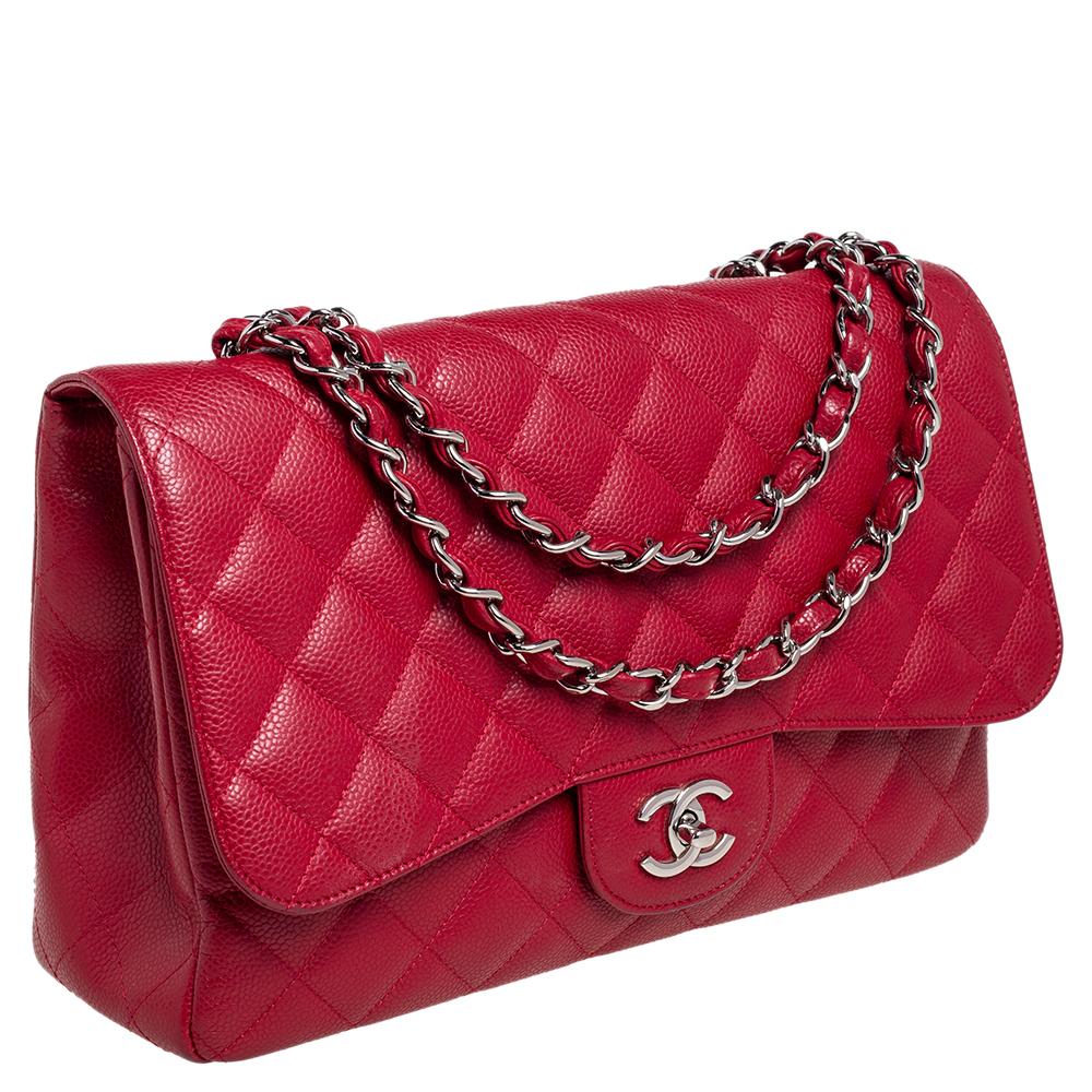 Chanel Red Quilted Caviar Leather Jumbo Classic Single Flap Bag 1