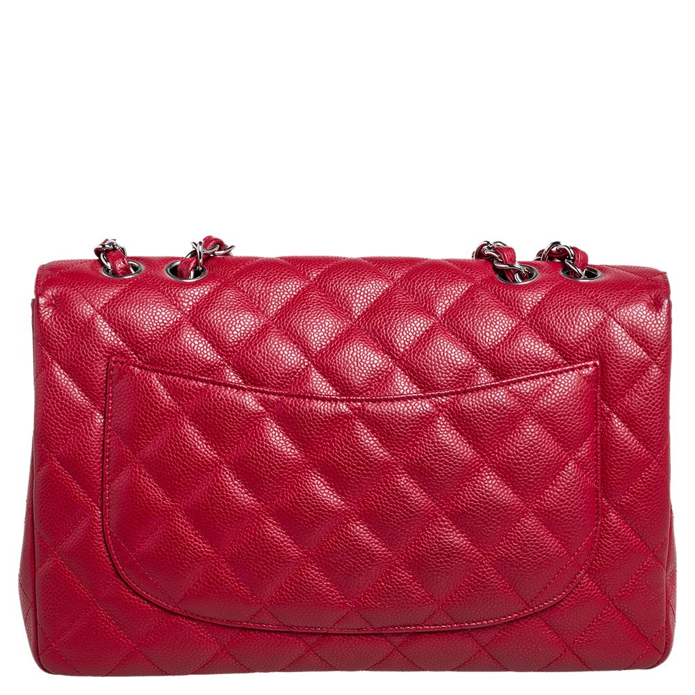 Chanel Red Quilted Caviar Leather Jumbo Classic Single Flap Bag 2