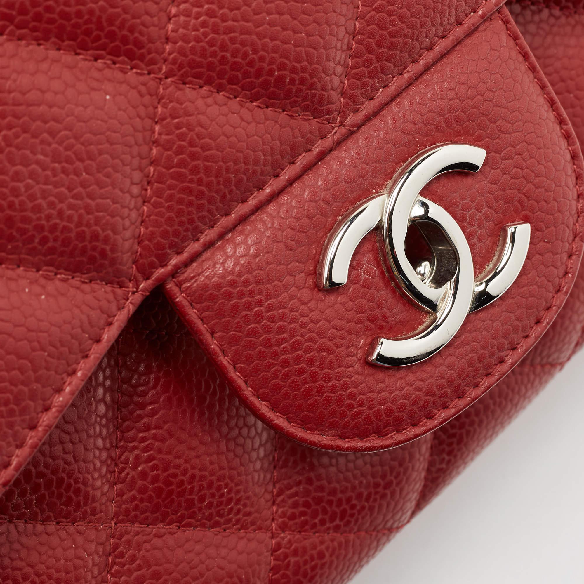 Chanel Red Quilted Caviar Leather Jumbo Classic Single Flap Bag For Sale 4