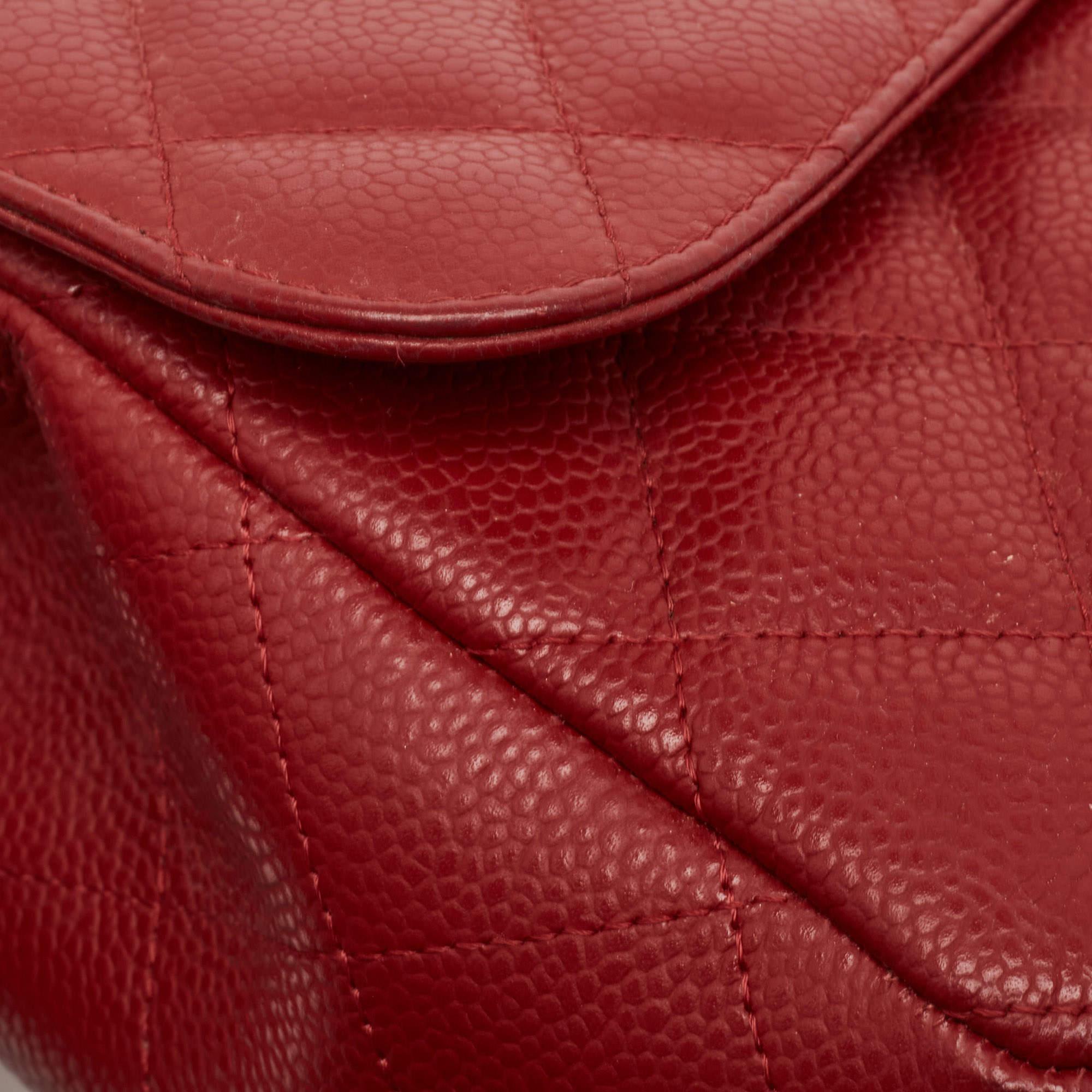 Chanel Red Quilted Caviar Leather Jumbo Classic Single Flap Bag For Sale 5