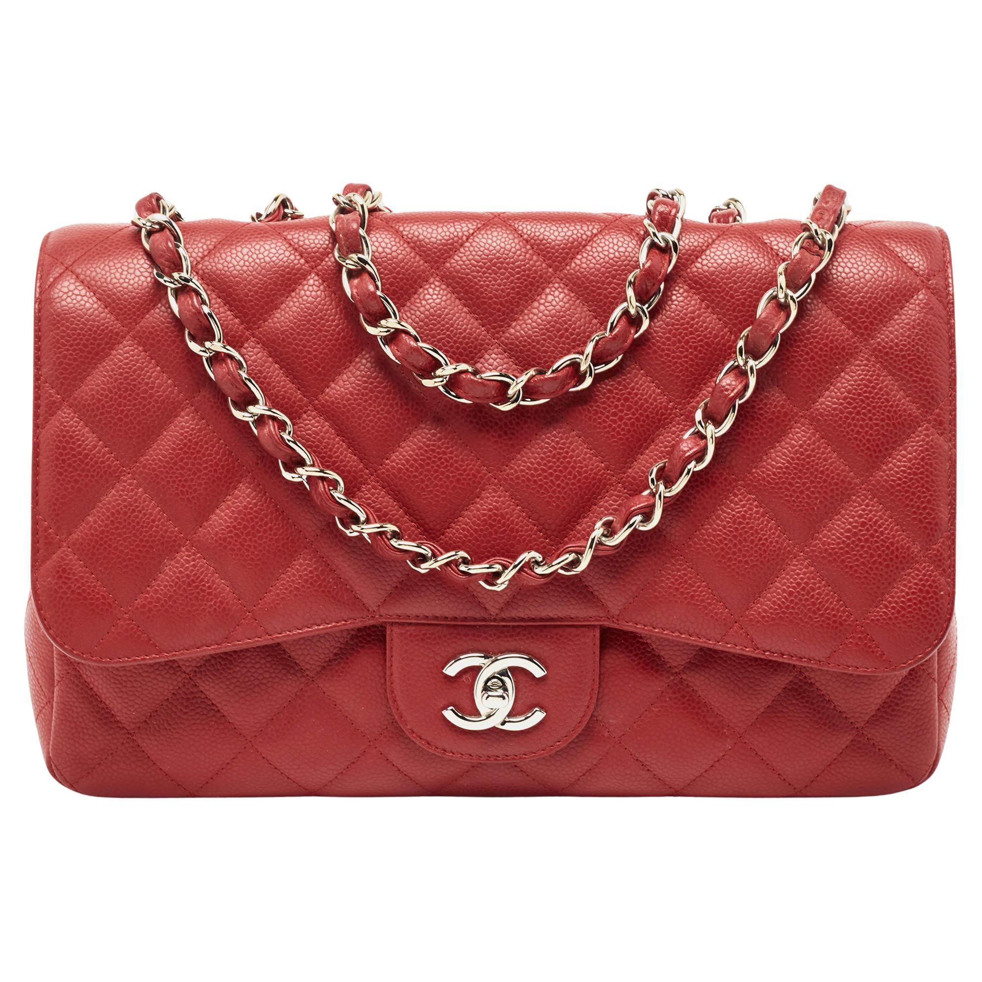 Chanel Red Quilted Caviar Leather Jumbo Classic Single Flap Bag For Sale