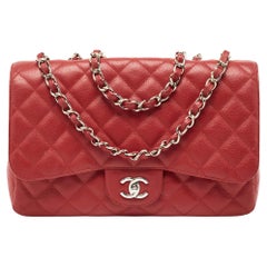 Chanel Red Quilted Caviar Leather Jumbo Classic Single Flap Bag