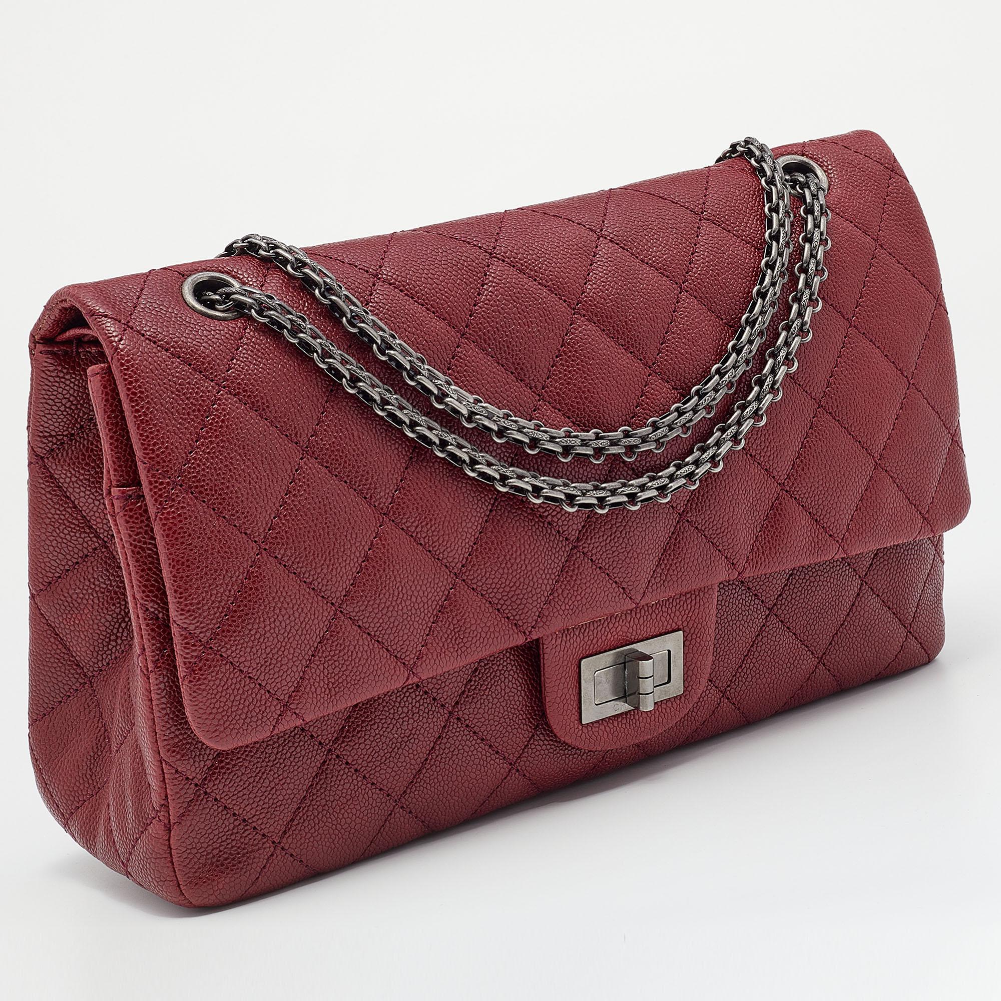 Brown Chanel Red Quilted Caviar Leather Jumbo Reissue 2.55 Classic 227 Double Flap Bag