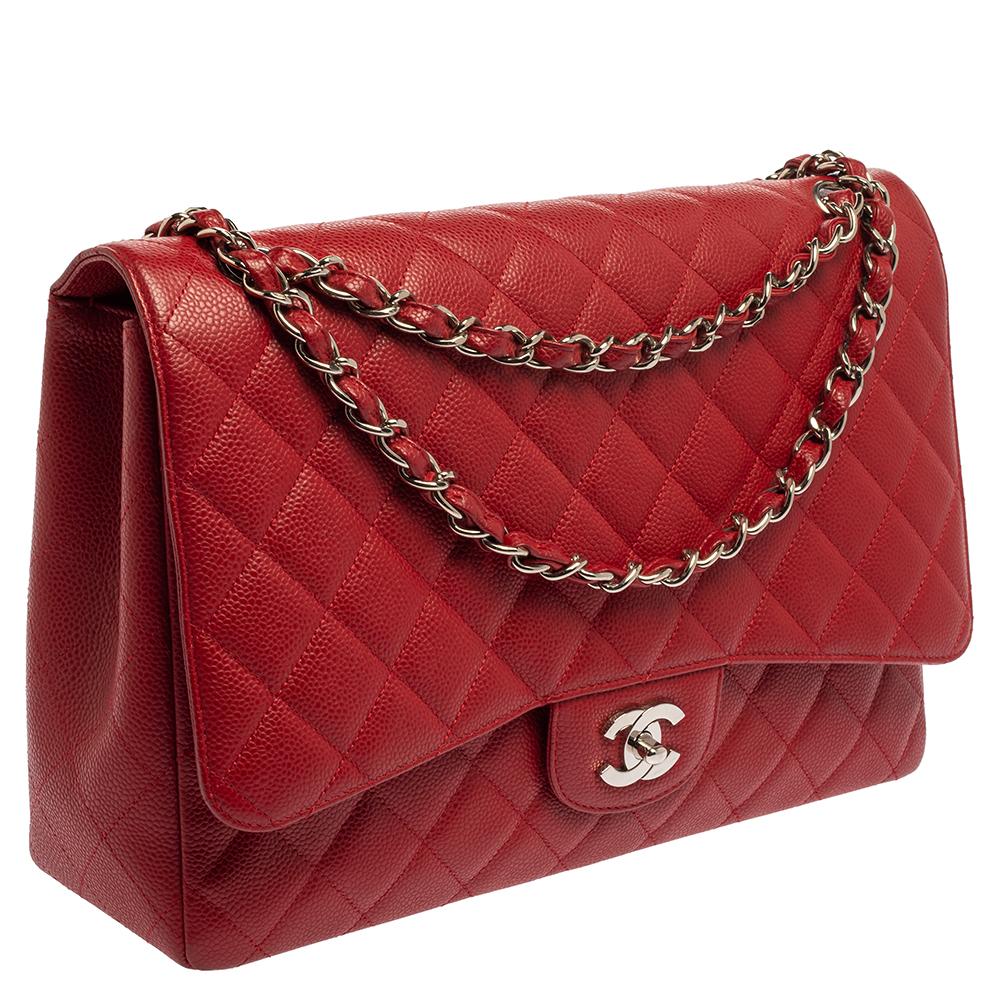 Women's Chanel Red Quilted Caviar Leather Maxi Classic Single Flap Bag