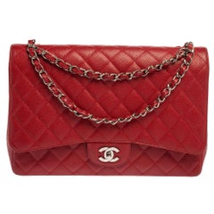 Chanel Red Quilted Caviar Leather Maxi Classic Single Flap Bag