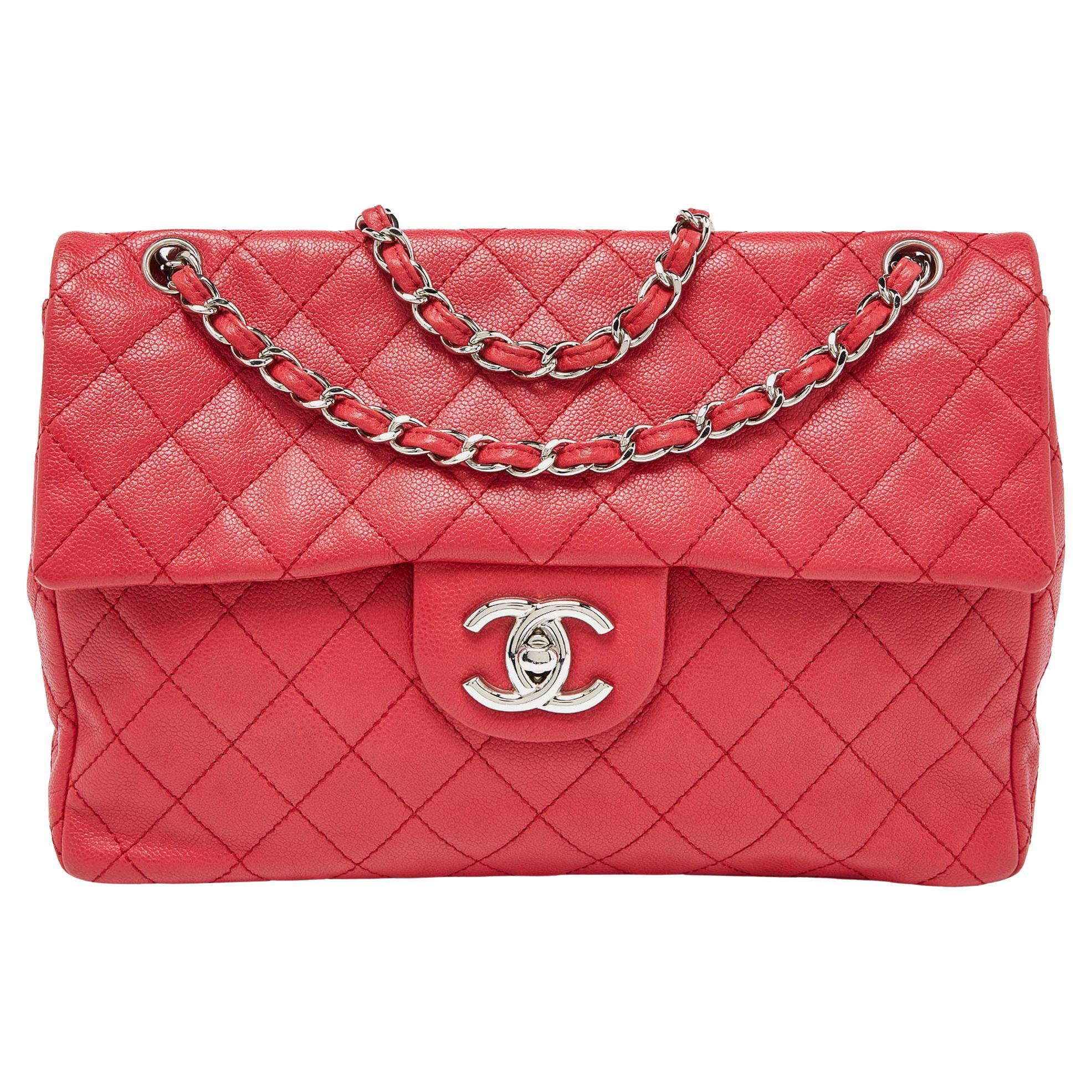 Chanel Red Quilted Caviar Leather Maxi Classic Single Flap Bag