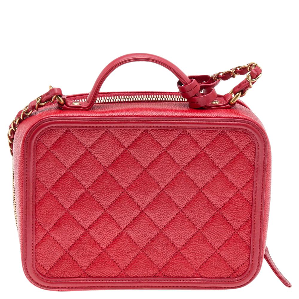 Chanel Red Quilted Caviar Leather Medium CC Filigree Vanity Case Bag 2