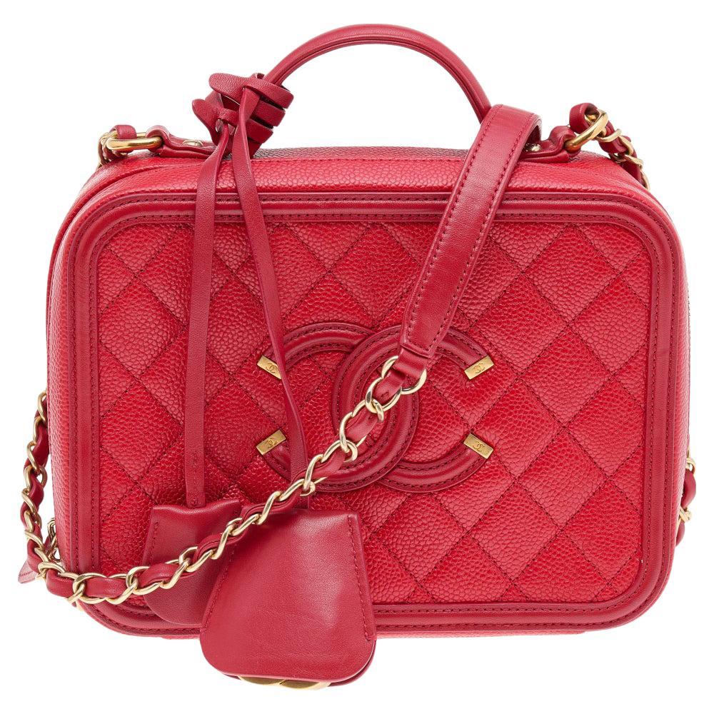 Chanel Red Quilted Caviar Leather Medium CC Filigree Vanity Case