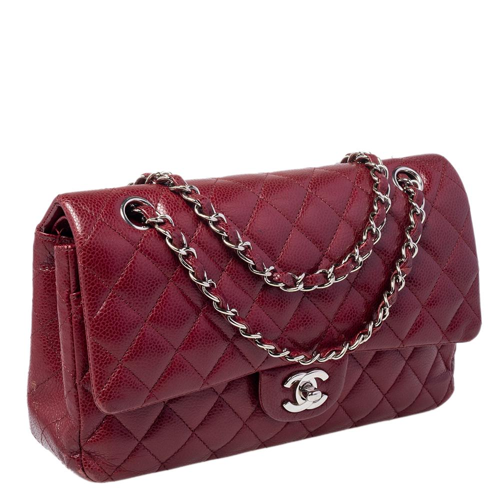Brown Chanel Red Quilted Caviar Leather Medium Classic Double Flap Bag