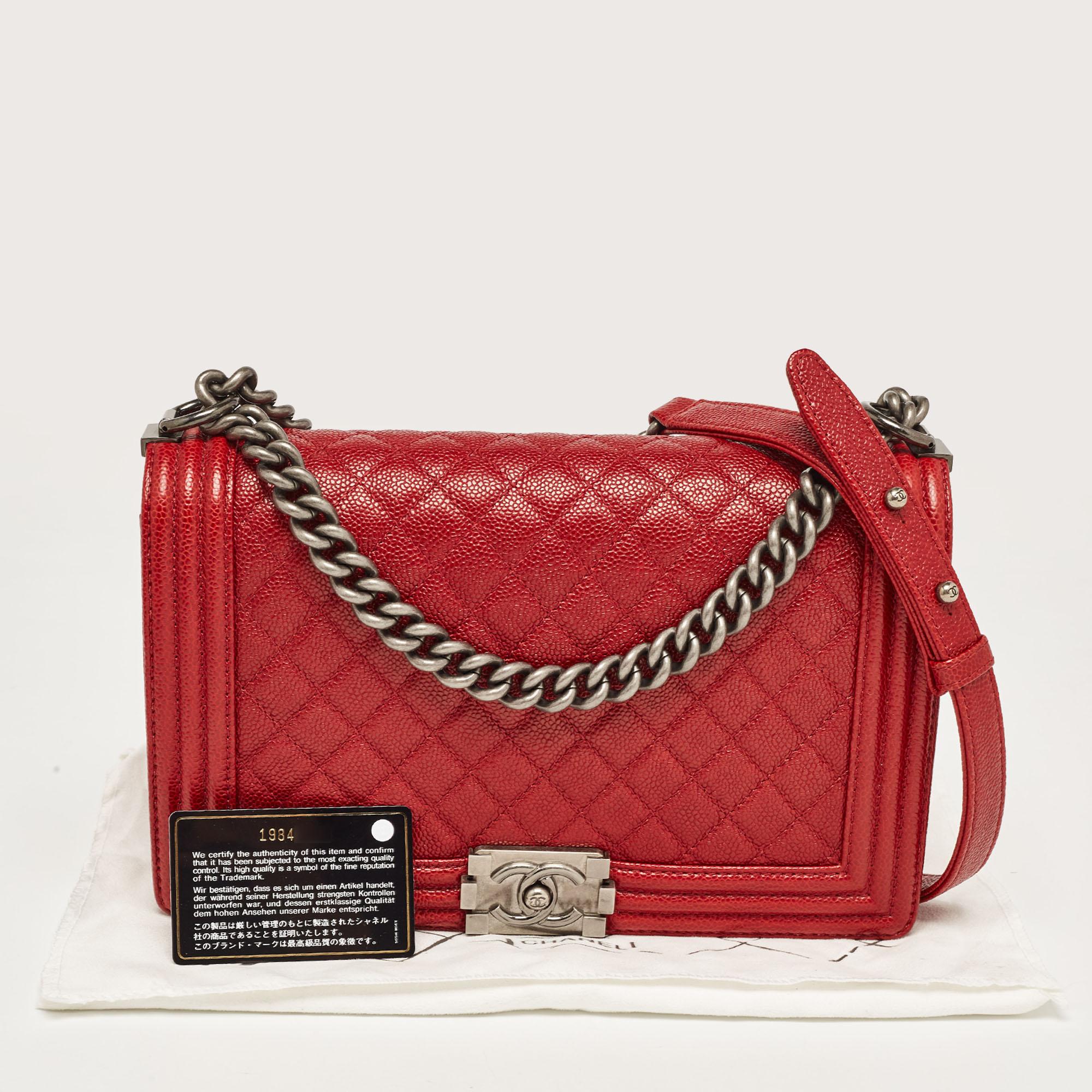 Chanel Red Quilted Caviar Leather New Medium Boy Bag For Sale 16