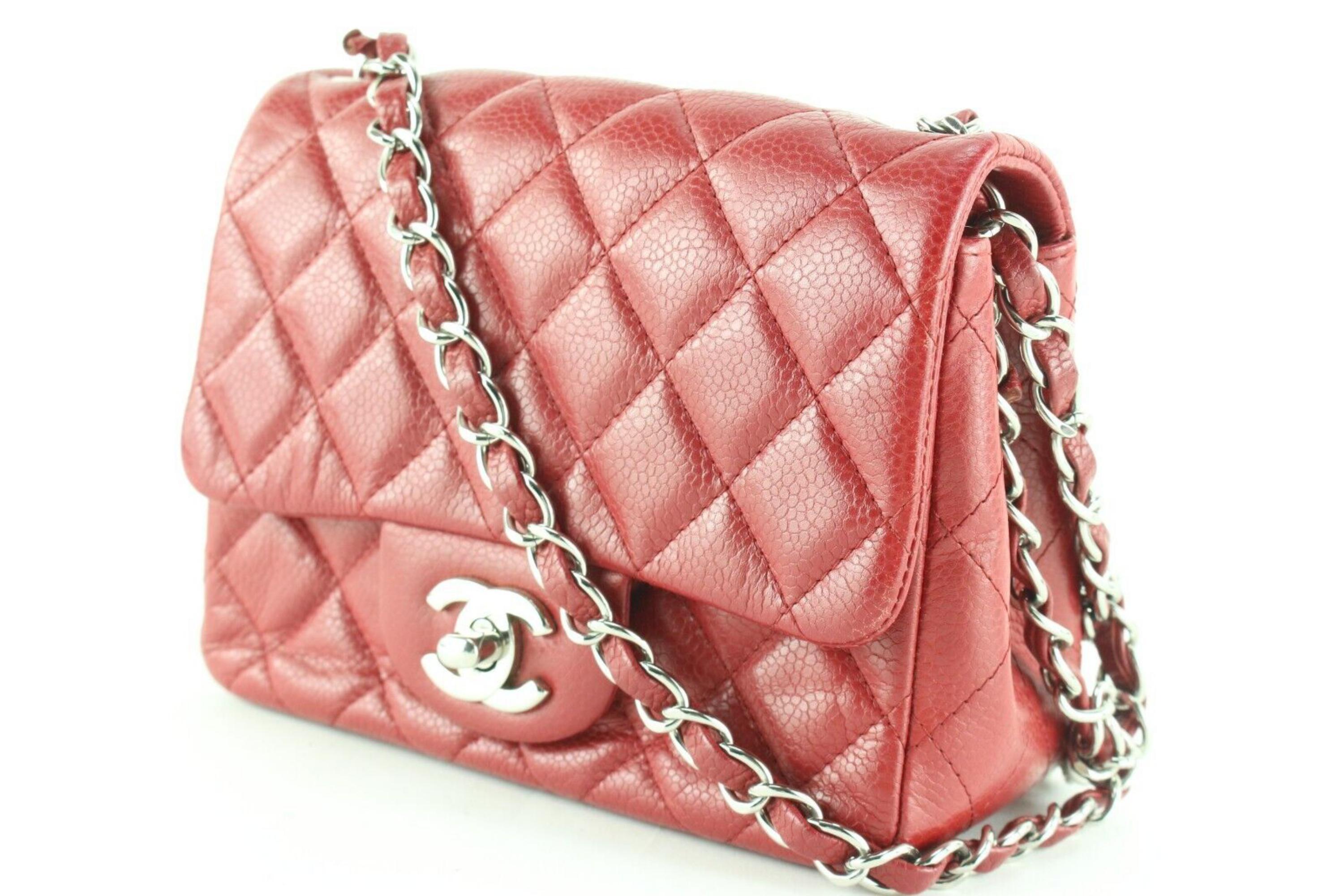 Chanel Red Quilted Caviar Leather Square Mini Classic Flap SHW 1CC0224 For Sale 6