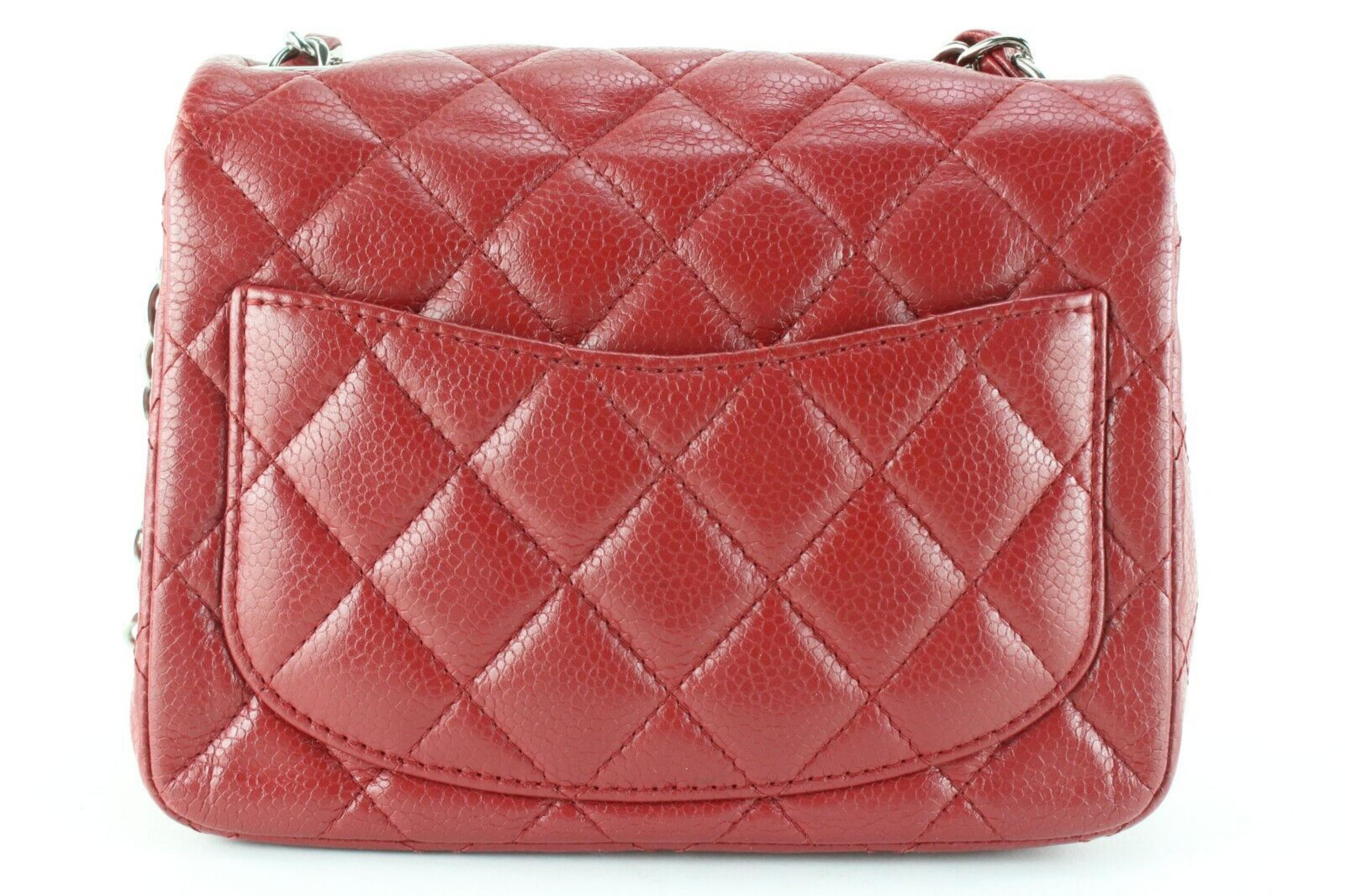 Chanel Red Quilted Caviar Leather Square Mini Classic Flap SHW 1CC0224 For Sale 2