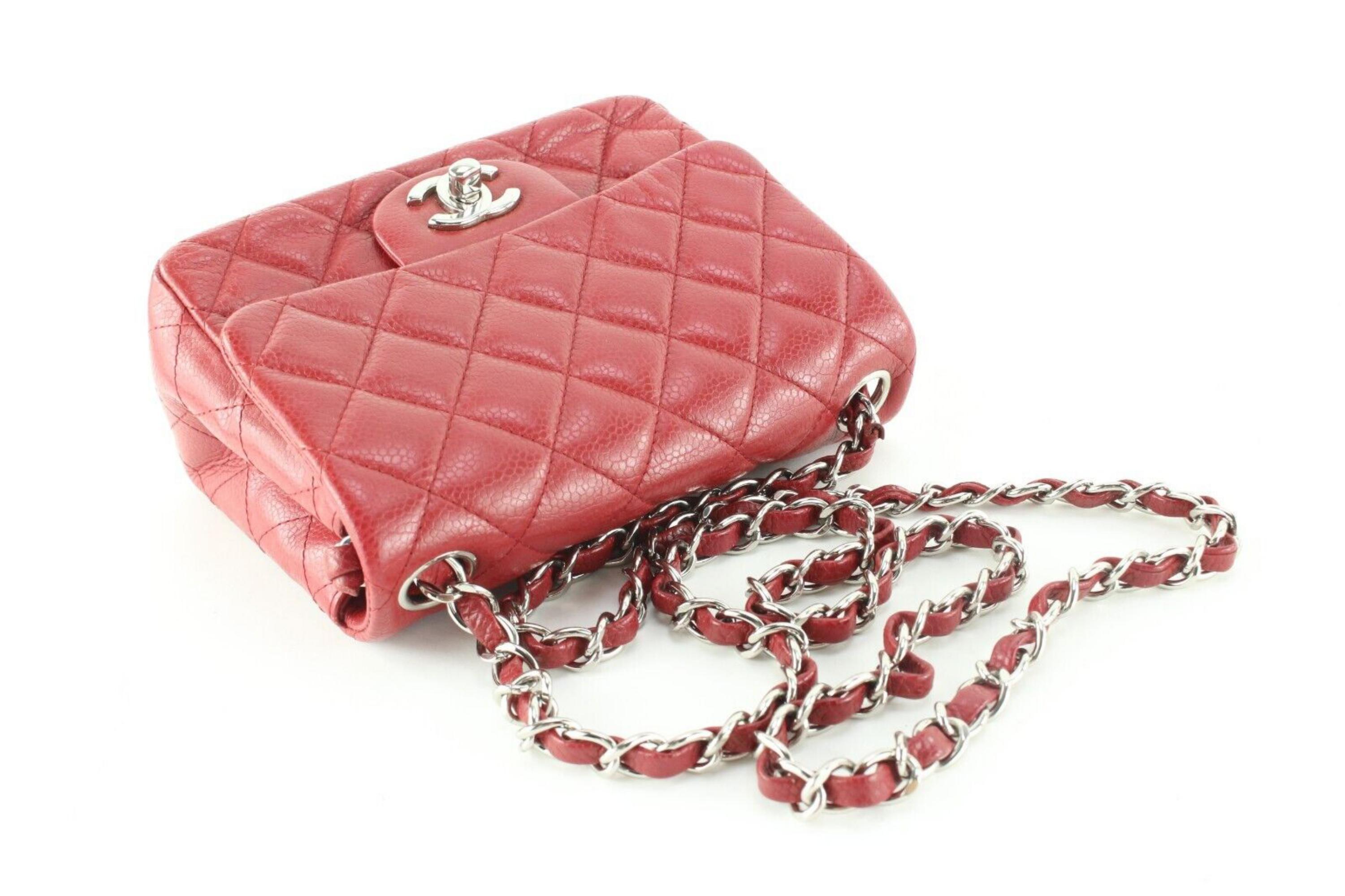 Chanel Red Quilted Caviar Leather Square Mini Classic Flap SHW 1CC0224 For Sale 4