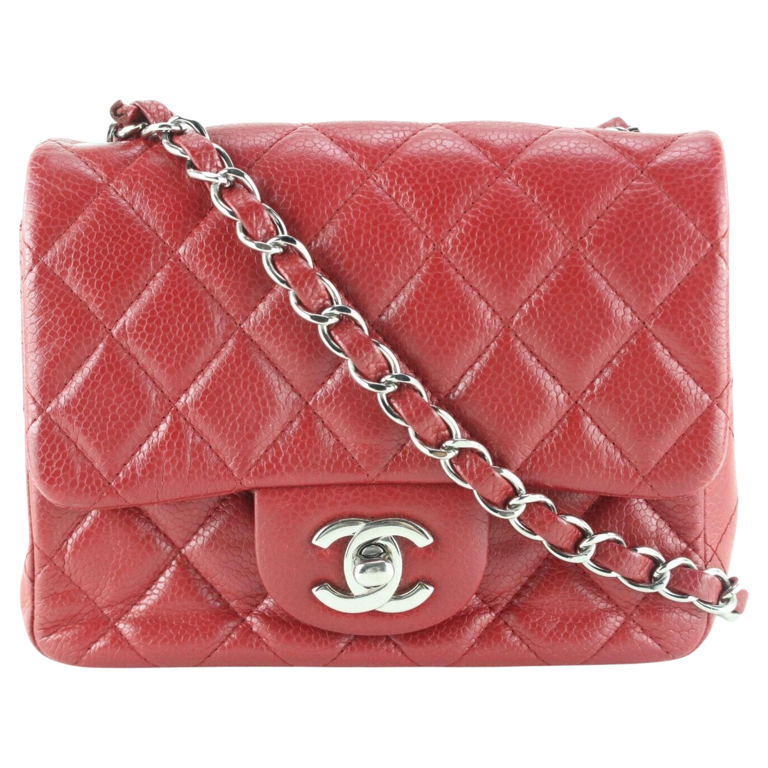 Chanel Red Quilted Caviar Leather Square Mini Classic Flap SHW 1CC0224 For Sale