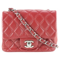 Chanel Red Quilted Caviar Leather Square Mini Classic Flap SHW 1CC0224