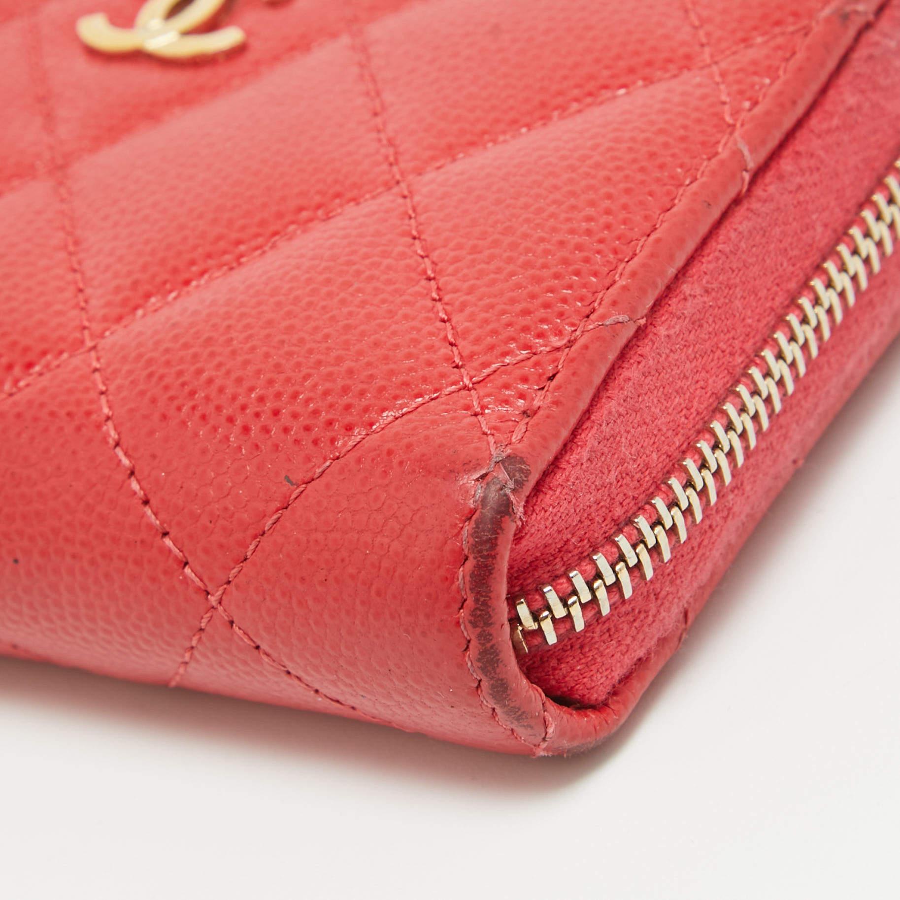 Chanel Red Quilted Caviar Leather Zip Around Coin Purse For Sale 4