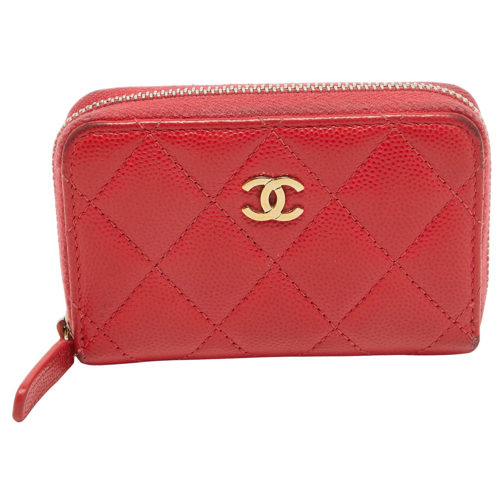 Chanel Red Quilted Caviar Leather Zip Around Coin Purse For Sale