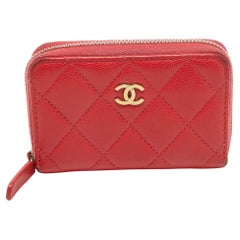 Used Chanel Red Quilted Caviar Leather Zip Around Coin Purse