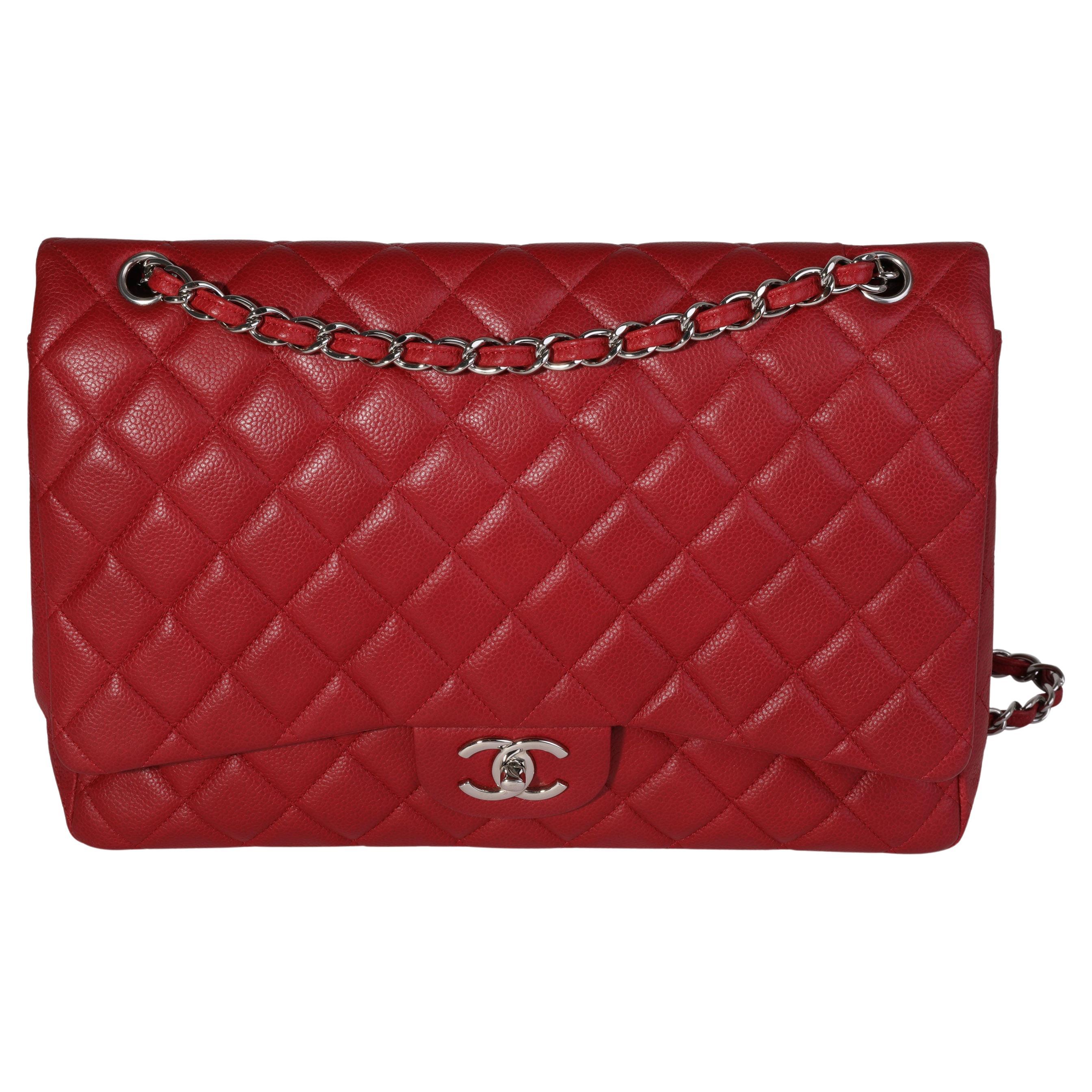 Chanel Red Quilted Caviar Maxi Classic Double Flap Bag For Sale