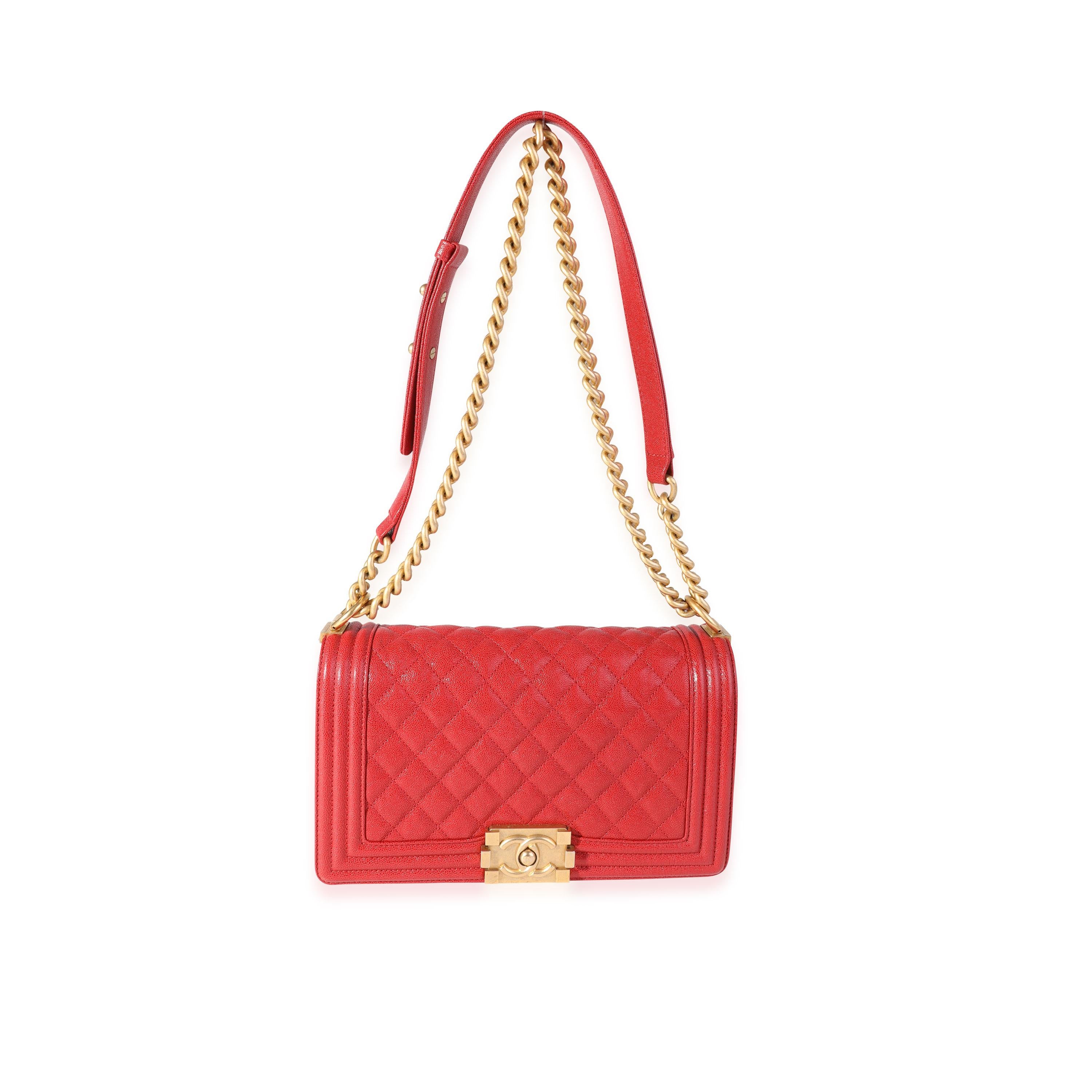 Listing Title: Chanel Red Quilted Caviar Old Medium Boy Bag
SKU: 118473
Condition: Pre-owned (3000)
Handbag Condition: Excellent
Condition Comments: Excellent Condition. Plastic on some hardware. No visible signs of wear.
Brand: Chanel
Model: Boy