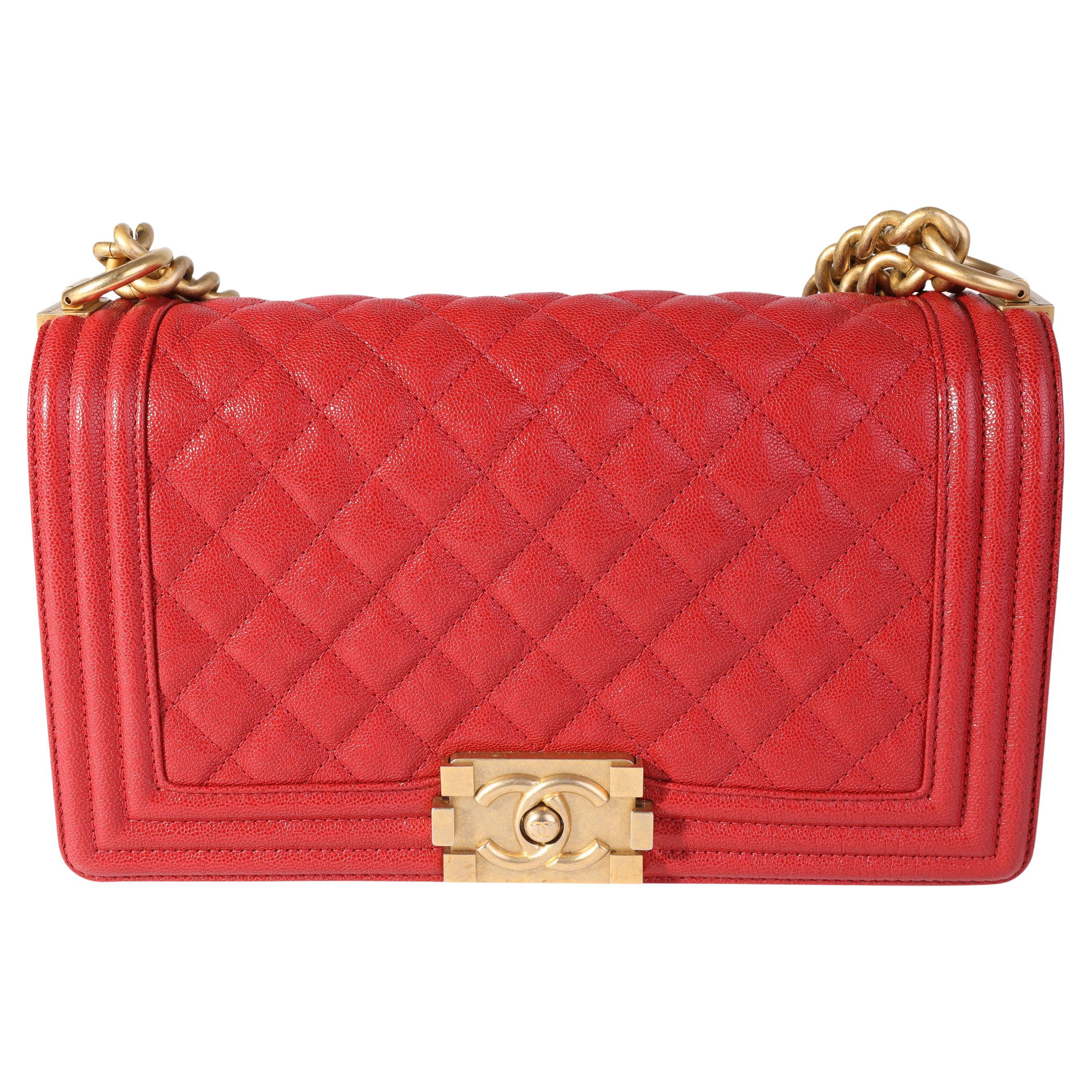 Chanel Red Quilted Caviar Old Medium Boy Bag