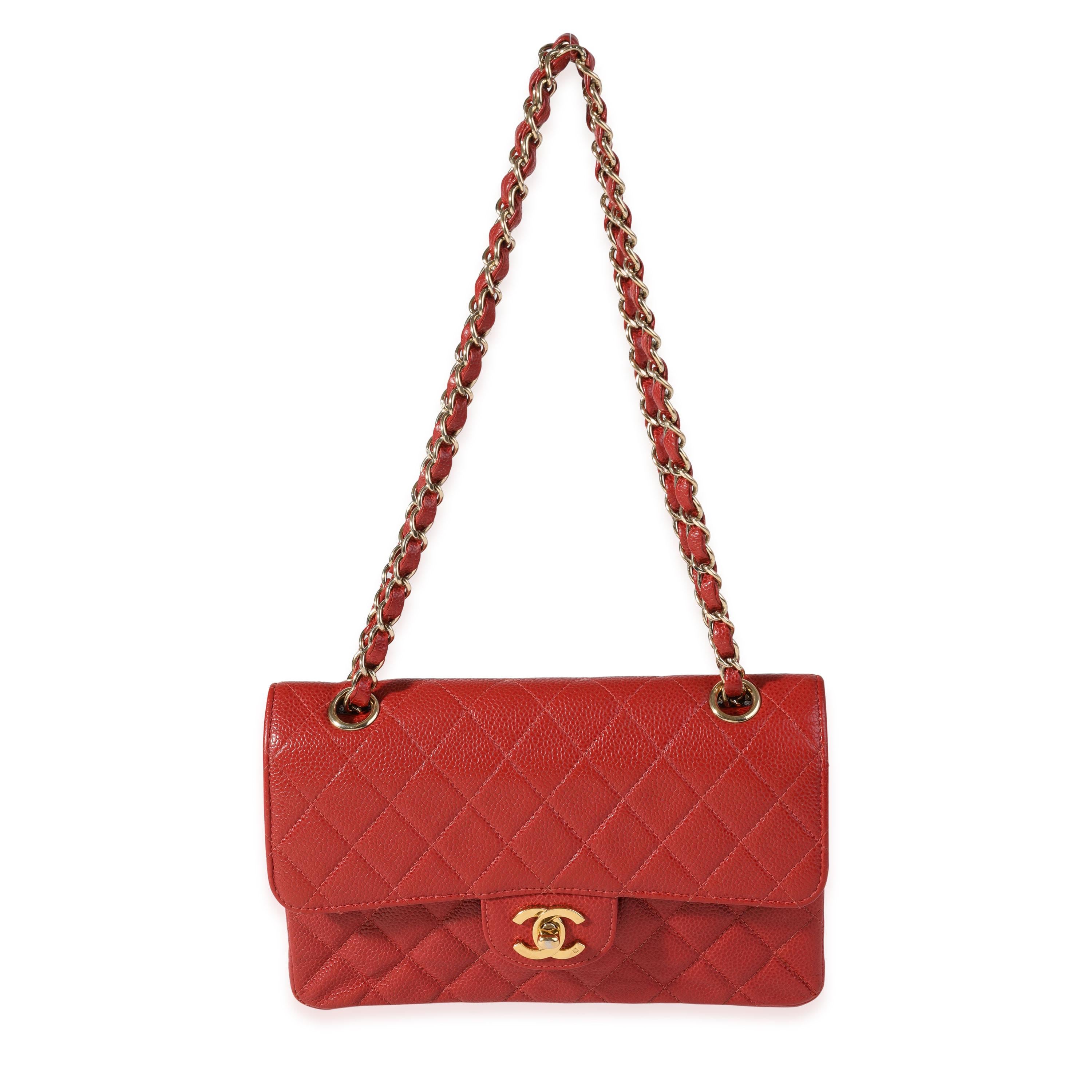 Listing Title: Chanel Red Quilted Caviar Small Classic Double Flap Bag
SKU: 121141
MSRP: 8200.00
Condition: Pre-owned 
Handbag Condition: Good
Condition Comments: Good Condition. Serial lightly ripped. Wear to corners. Scratching and tarnishing to