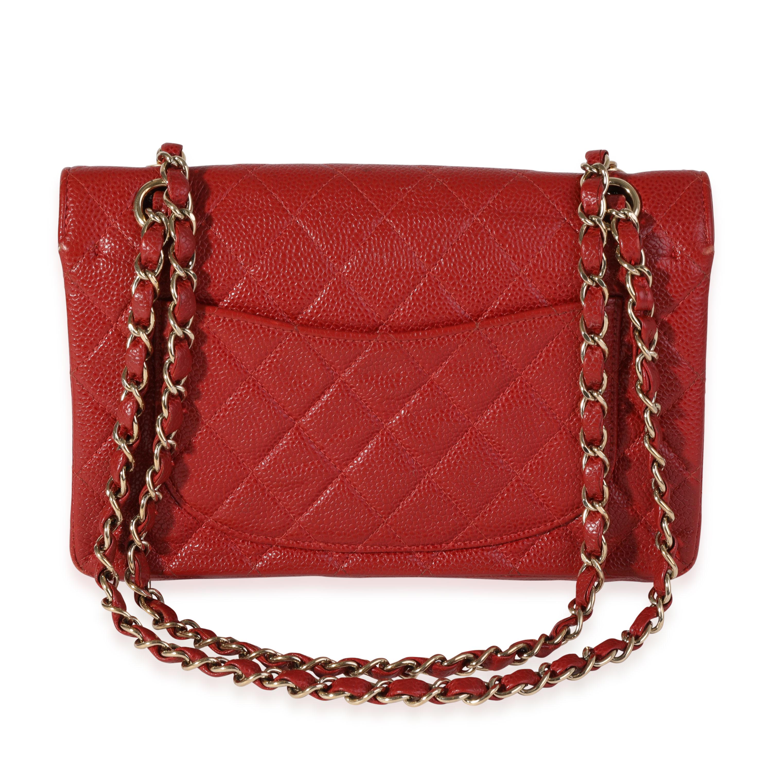 Chanel Red Quilted Caviar Small Classic Double Flap Bag In Good Condition In New York, NY