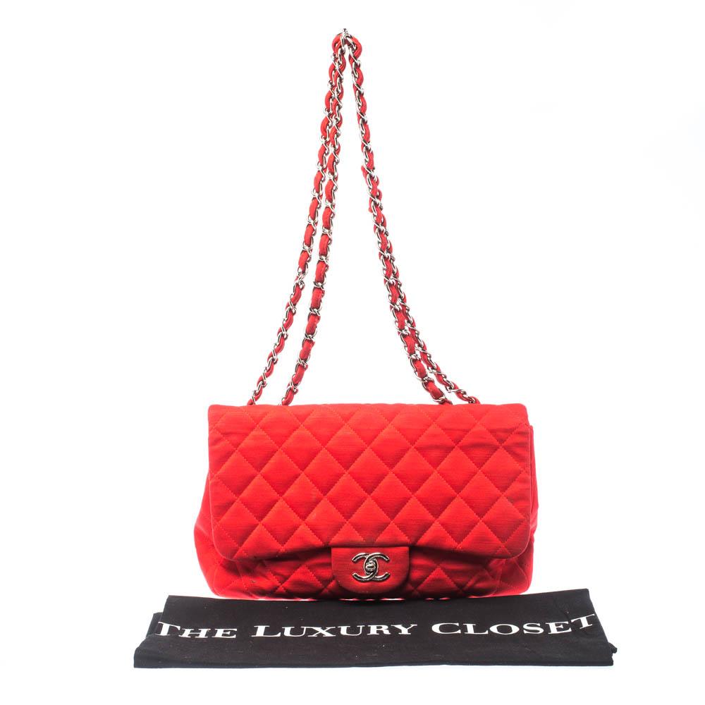 Chanel Red Quilted Fabric Jumbo Classic Single Flap Bag 6