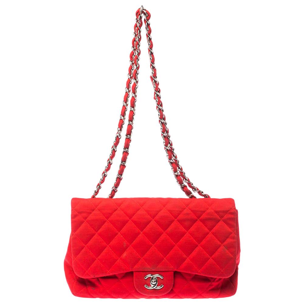 Chanel Red Quilted Fabric Jumbo Classic Single Flap Bag