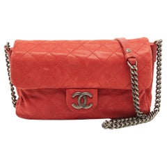 Used Chanel Red Quilted Iridescent Leather CC Flap Crossbody Bag