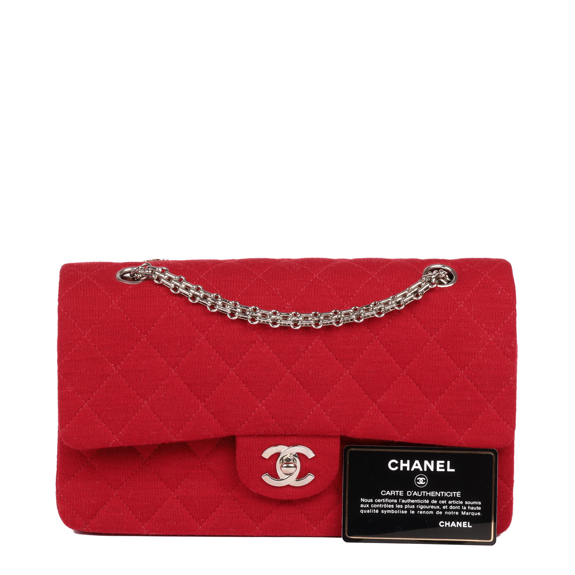 CHANEL Red Quilted Jersey Fabric Medium Classic Double Flap Bag 9