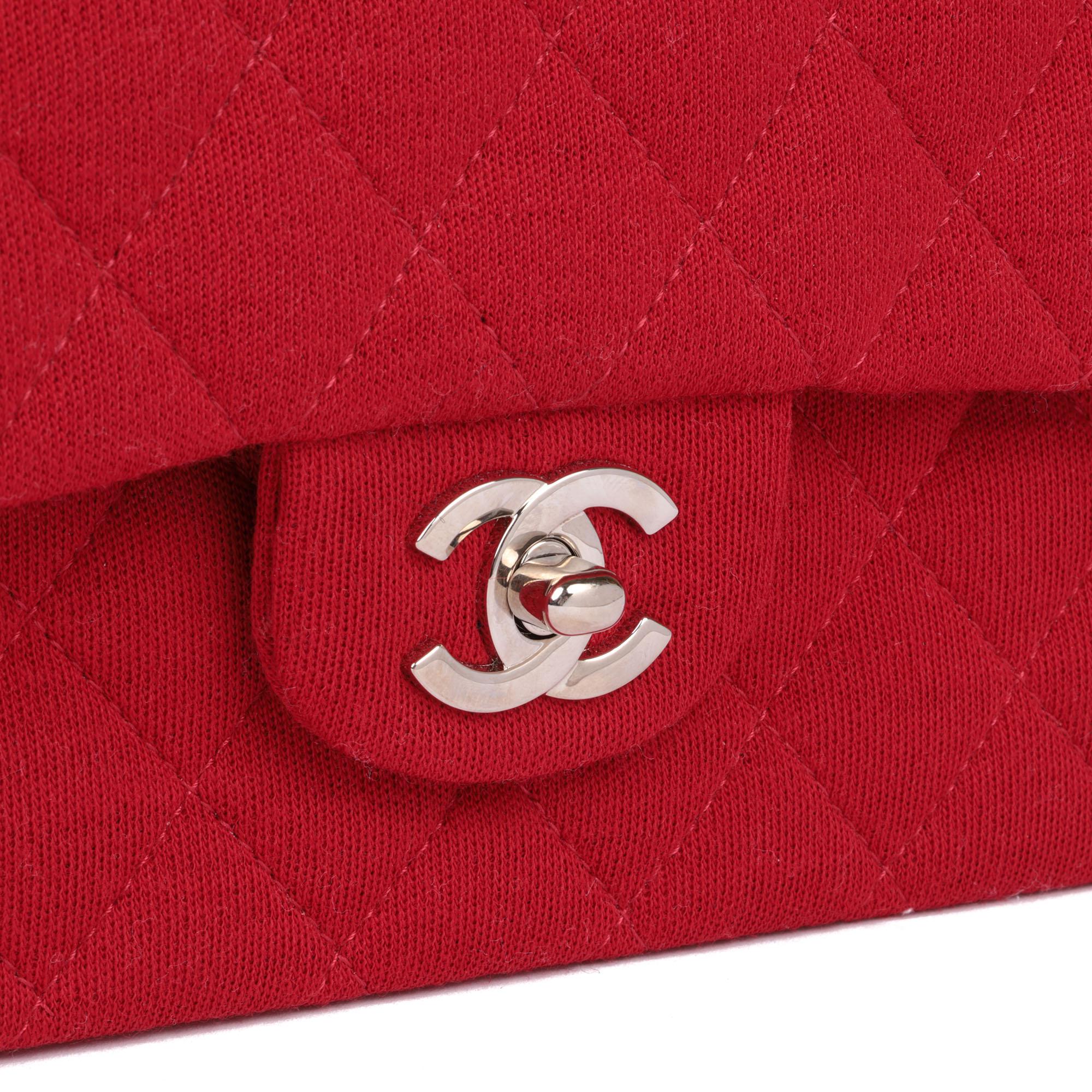CHANEL Red Quilted Jersey Fabric Medium Classic Double Flap Bag 4