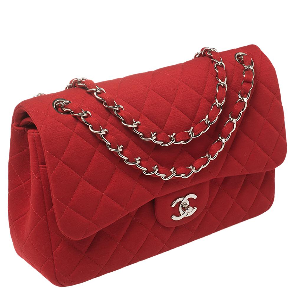 Chanel Red Quilted Jersey Jumbo Classic Double Flap Bag In Good Condition In Dubai, Al Qouz 2