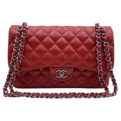 Used Chanel Red Quilted Jumbo Timeless Classic Shoulder Bag 30 cm