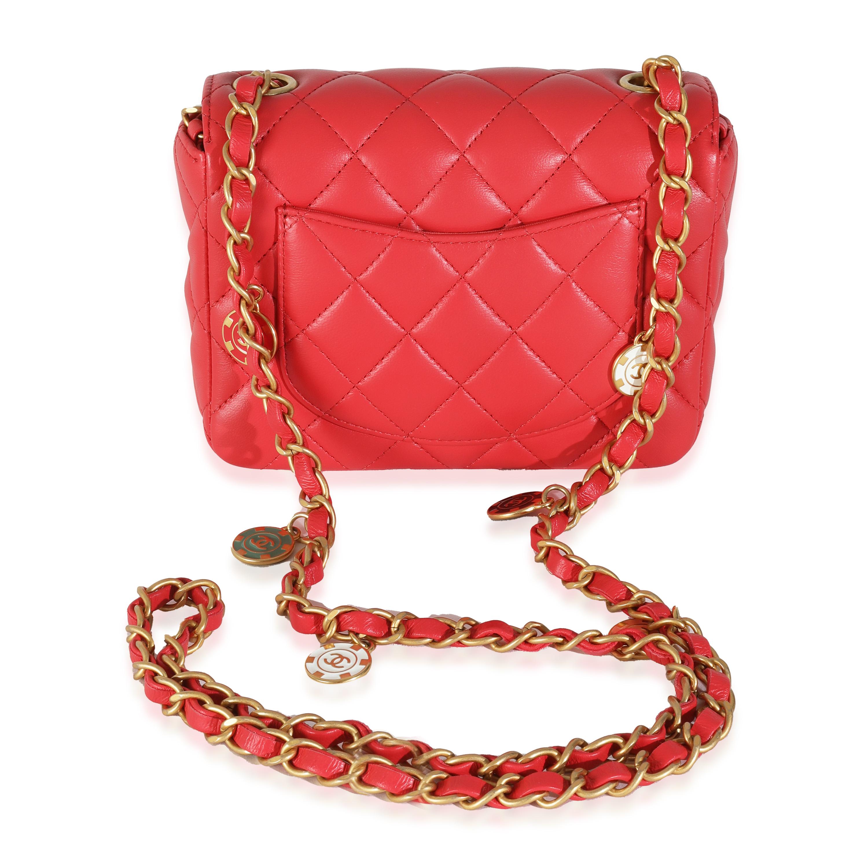 Listing Title: Chanel Red Quilted Lambskin Coco Pins Mini Flap Bag
SKU: 144488
Condition: Pre-owned 
Condition Description: A timeless classic that never goes out of style, the flap bag from Chanel dates back to 1955 and has seen a number of