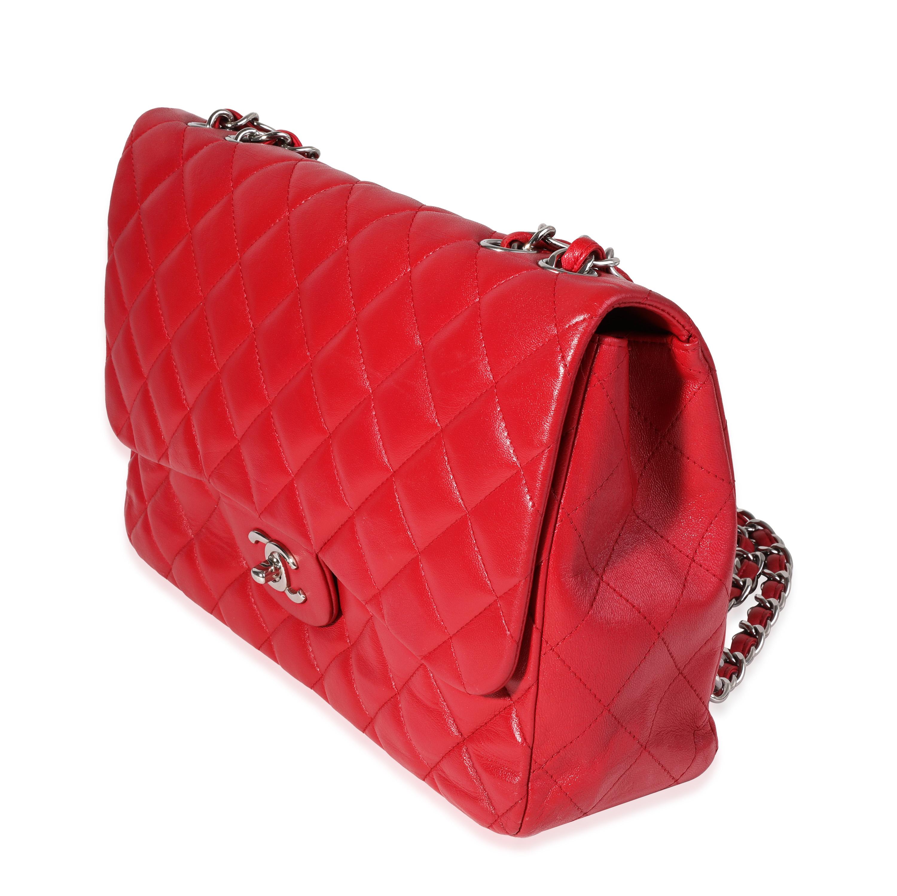 Chanel Red Quilted Lambskin Jumbo Classic Single Flap Bag In Excellent Condition In New York, NY