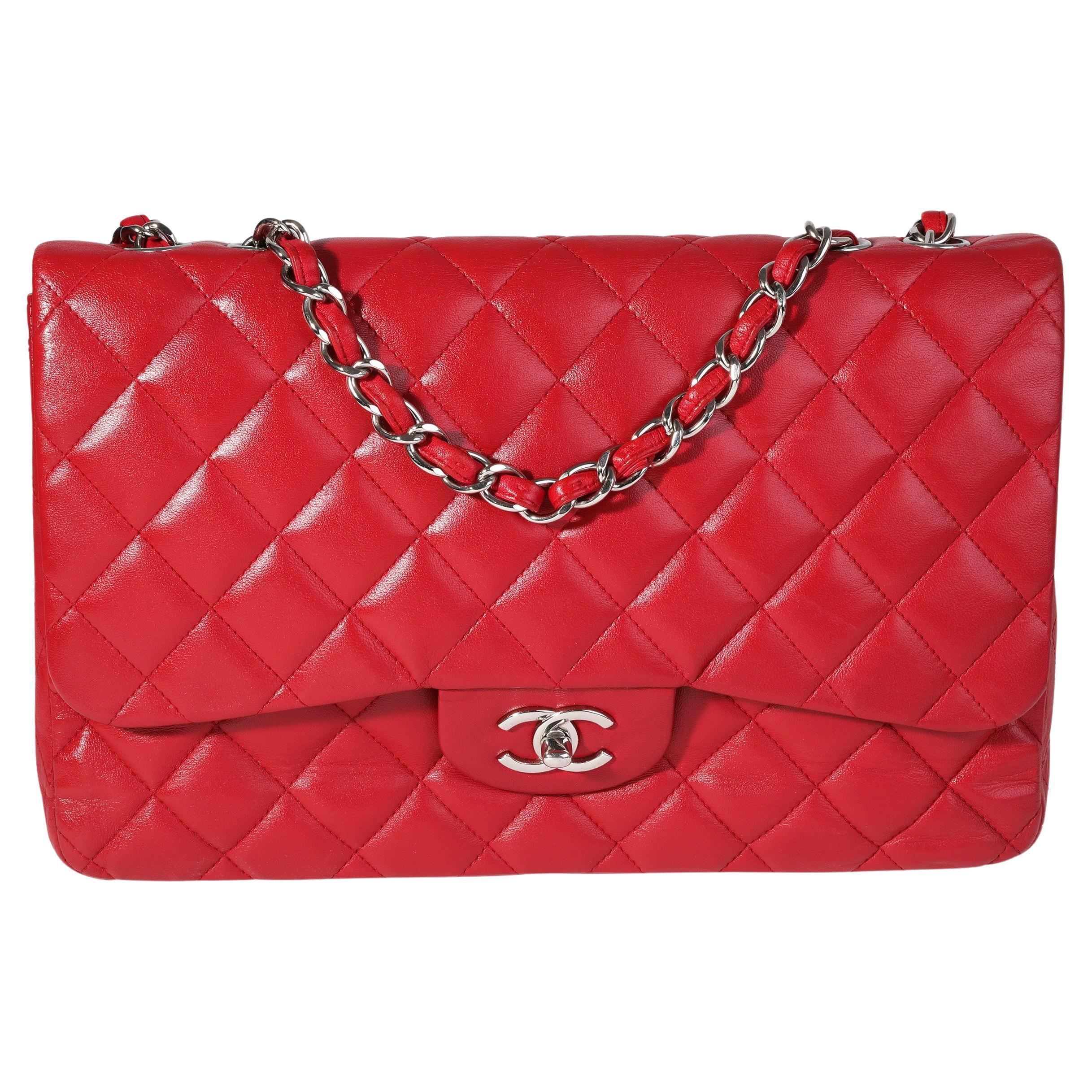 Chanel Red Quilted Lambskin Jumbo Classic Single Flap Bag